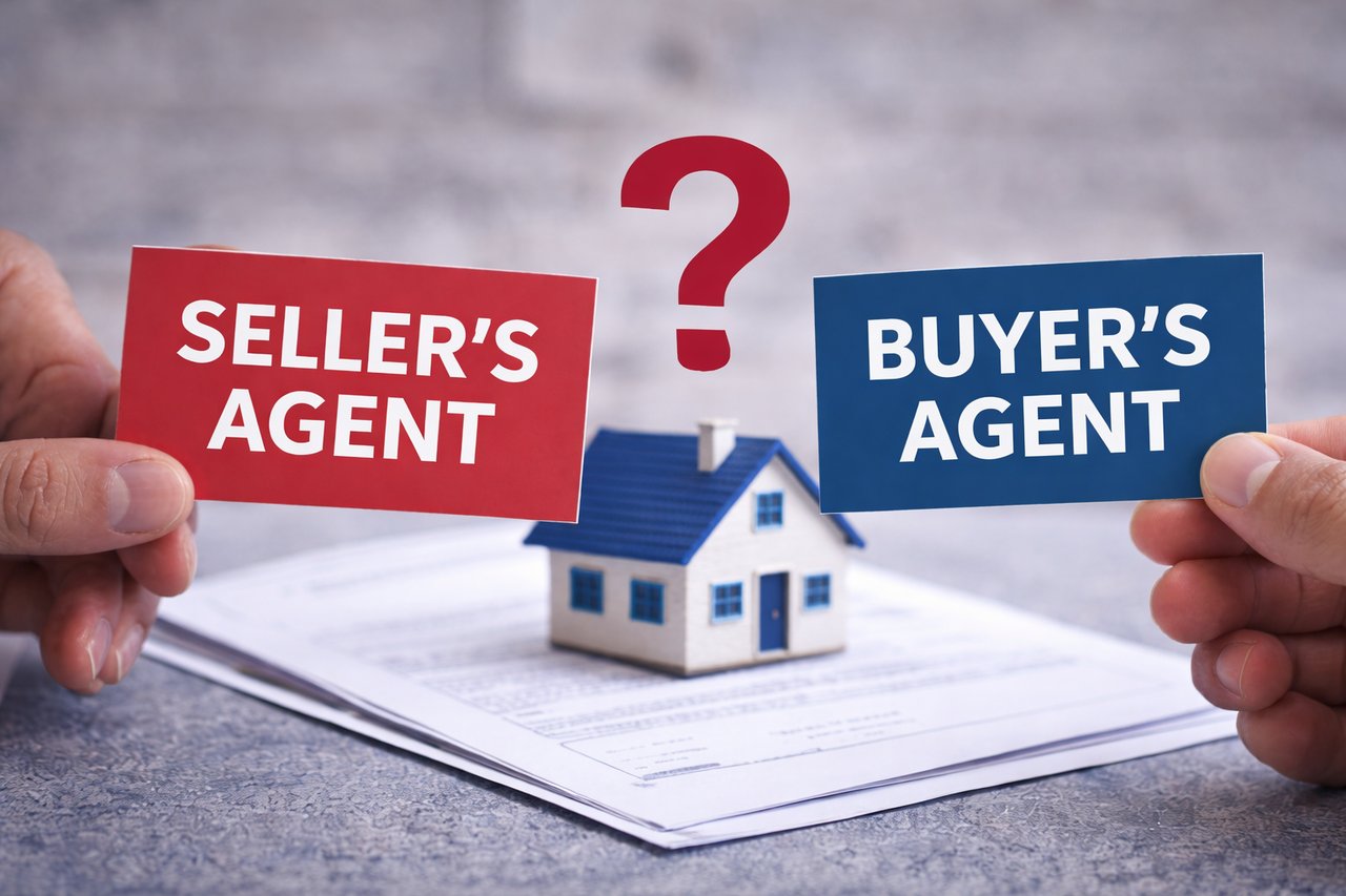Hands holding signs labeled seller’s agent and buyer’s agent above a small house on a real estate contract