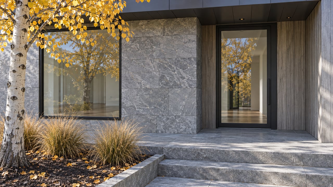 Contemporary stone-and-timber home entrance with closed glass doors, broad stone steps and a golden-leaved tree.