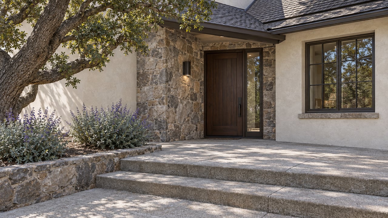 Stucco and fieldstone house entrance with dark wood door, concrete steps, and an oak canopy.