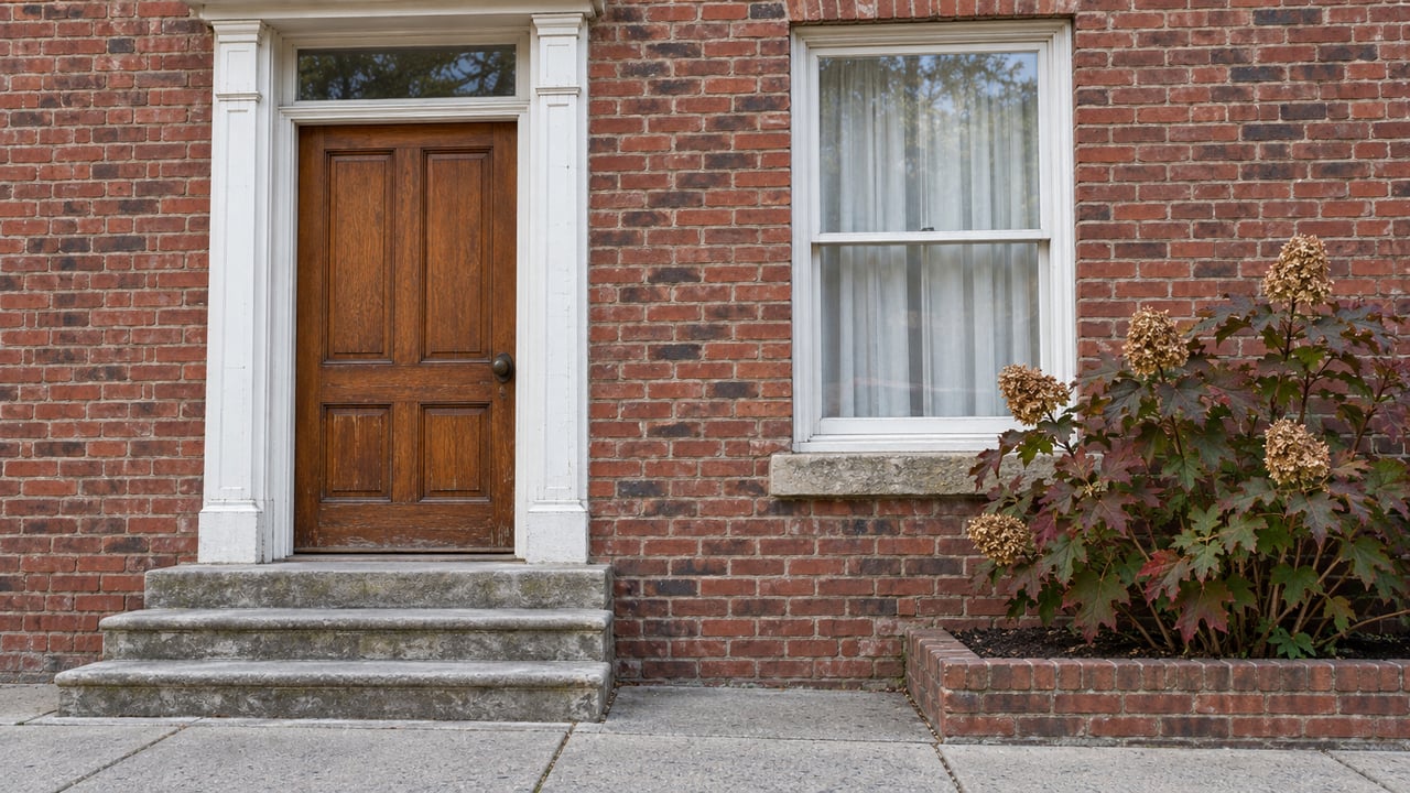 Brick building entrance with a dark wooden door, stone steps, and a leafy shrub.