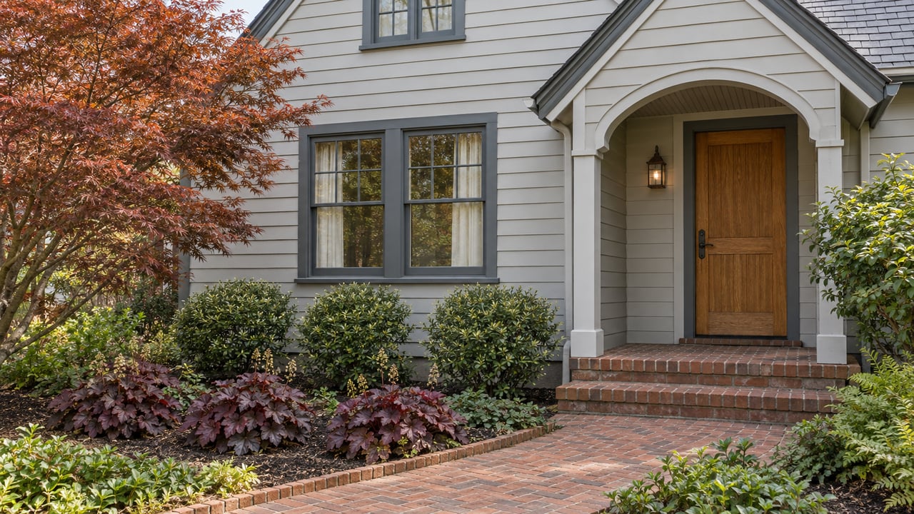 Light-gray gabled cottage with a recessed arched entry, oak door and brick garden path bordered by carefully spaced shrubs.