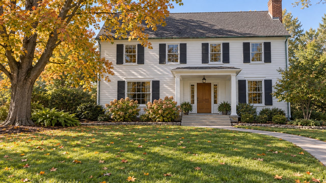 White clapboard home with a broad front lawn, paired dark shutters, a brick chimney and a mature maple turning gold beside the porch.
