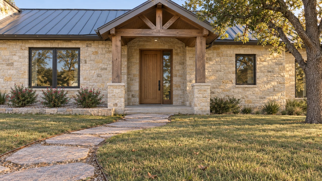 Limestone home with a dark metal gable roof, cedar entry posts and a granite walkway across an established lawn.