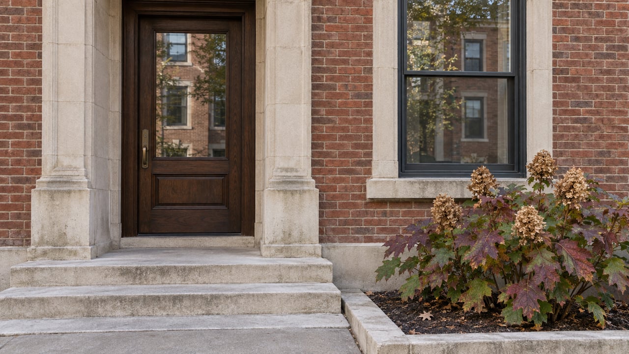 Red-brown brick apartment entrance with a glazed oak door, worn limestone steps, and burgundy oakleaf hydrangea beside a tall window.