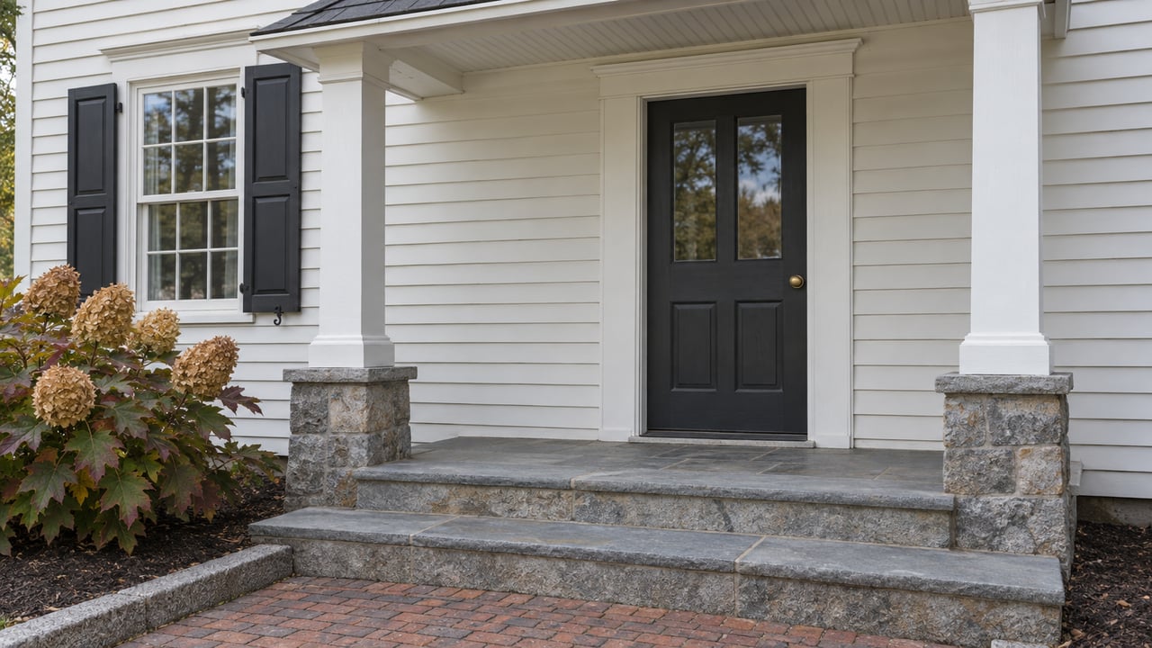 White clapboard home entry with a charcoal door, black shutters, bluestone steps and an oakleaf hydrangea beside the brick walk.