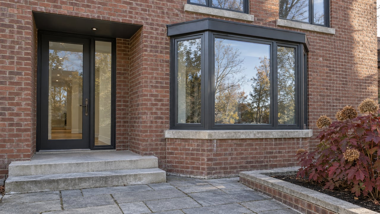 Renovated brick residential entrance with limestone steps, charcoal-framed bay windows and an oakleaf hydrangea in autumn color.