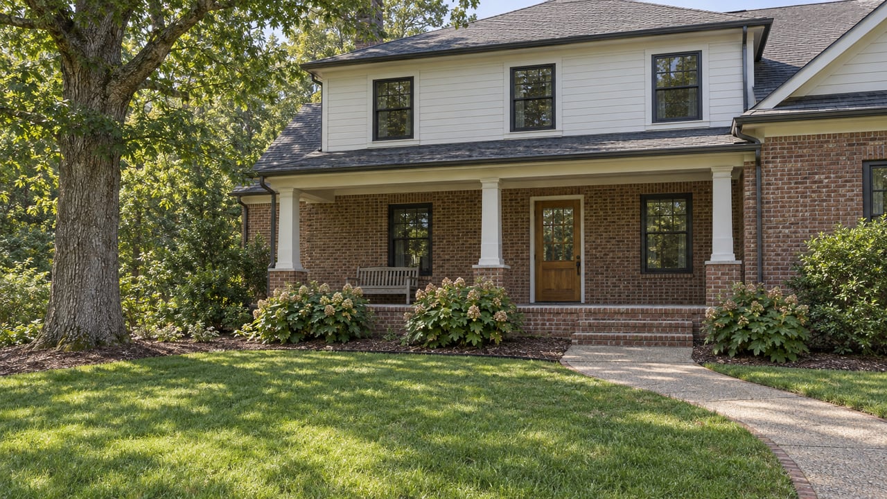 Brick and ivory-sided home with a covered porch, broad lawn, curved concrete approach and mature white oak.