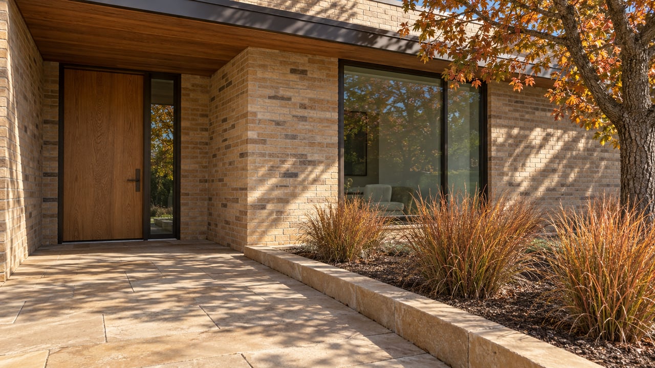 Close view of a contemporary home's sheltered wood entry, buff brick walls, bronze-framed window and sandstone walk beside autumn planting.