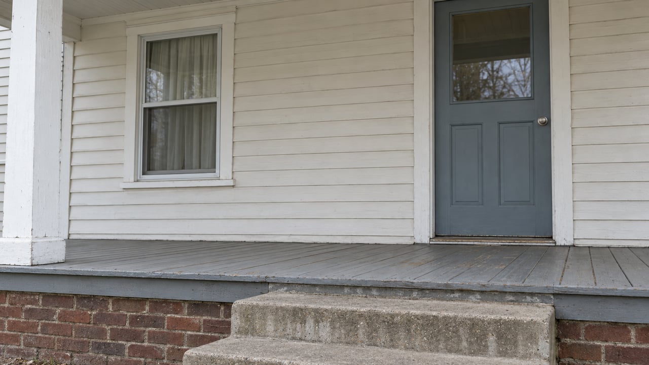 A modest covered porch with pale wood siding, a blue-gray door, worn gray decking and concrete steps above a red-brick base.