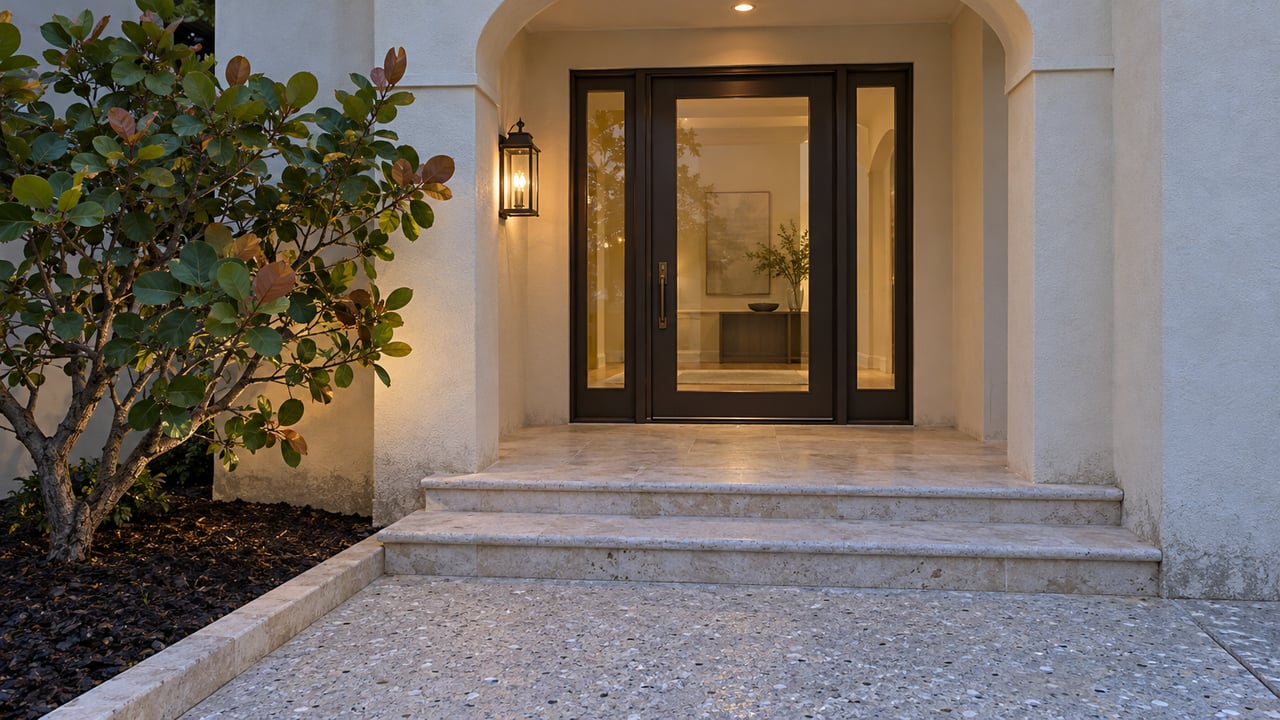 Cream stucco arched home entry with bronze-framed glass doors, limestone steps and a sculptural sea grape beside the approach at dusk.