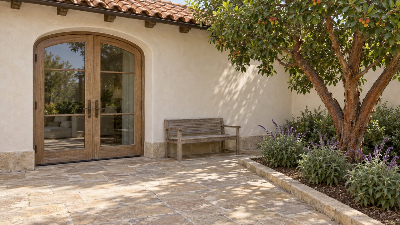 A warm stucco home's paired arched glass doors open onto a sandstone terrace with a weathered teak bench and a strawberry tree.