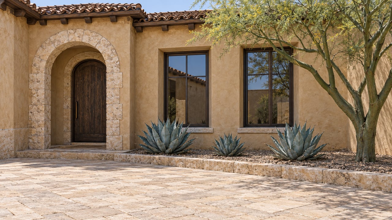 Sunlit ochre stucco home with a limestone arched doorway, bronze-framed windows and a sandstone arrival court beside a sculptural desert tree and agaves.