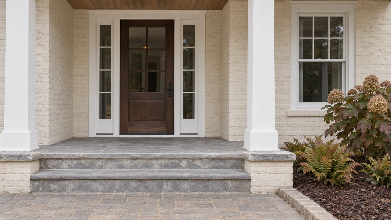 Dark wood entry door with paired sidelights beneath a wood-planked porch ceiling, framed by cream brick and limestone steps beside oakleaf hydrangea.