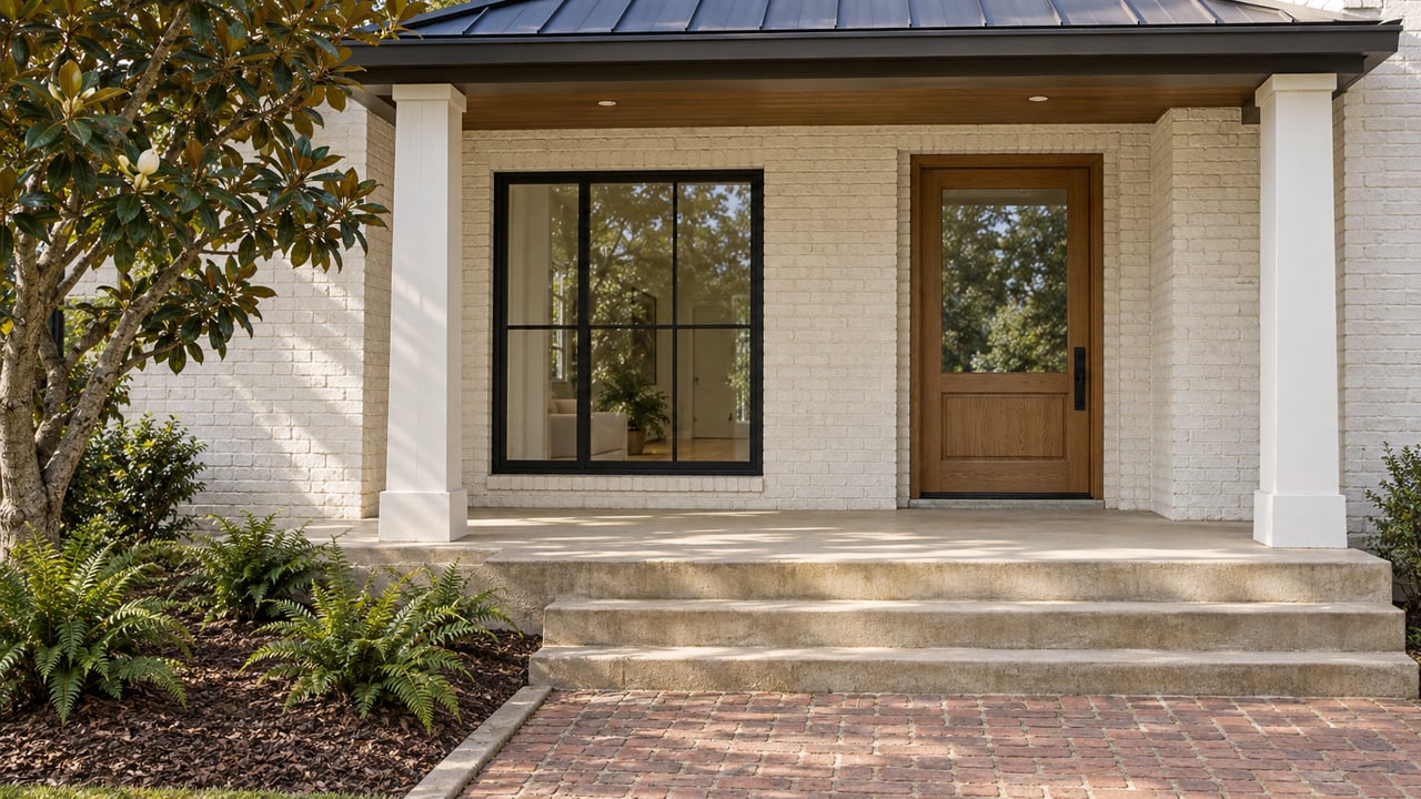 White painted-brick home entrance with a closed oak-and-glass door, black-framed window, concrete porch steps and an edged brick path beside ferns.