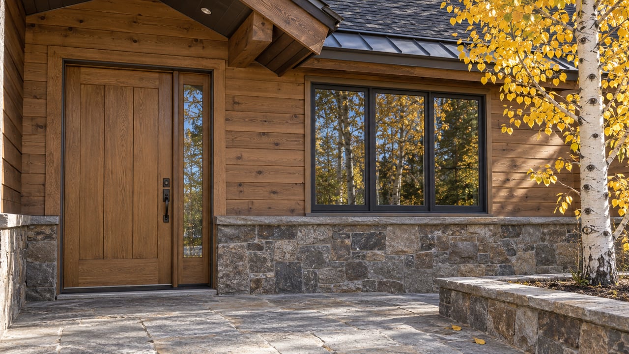 Close view of a cedar-and-stone home entry with a closed oak door, dark-framed window and golden aspen branches.