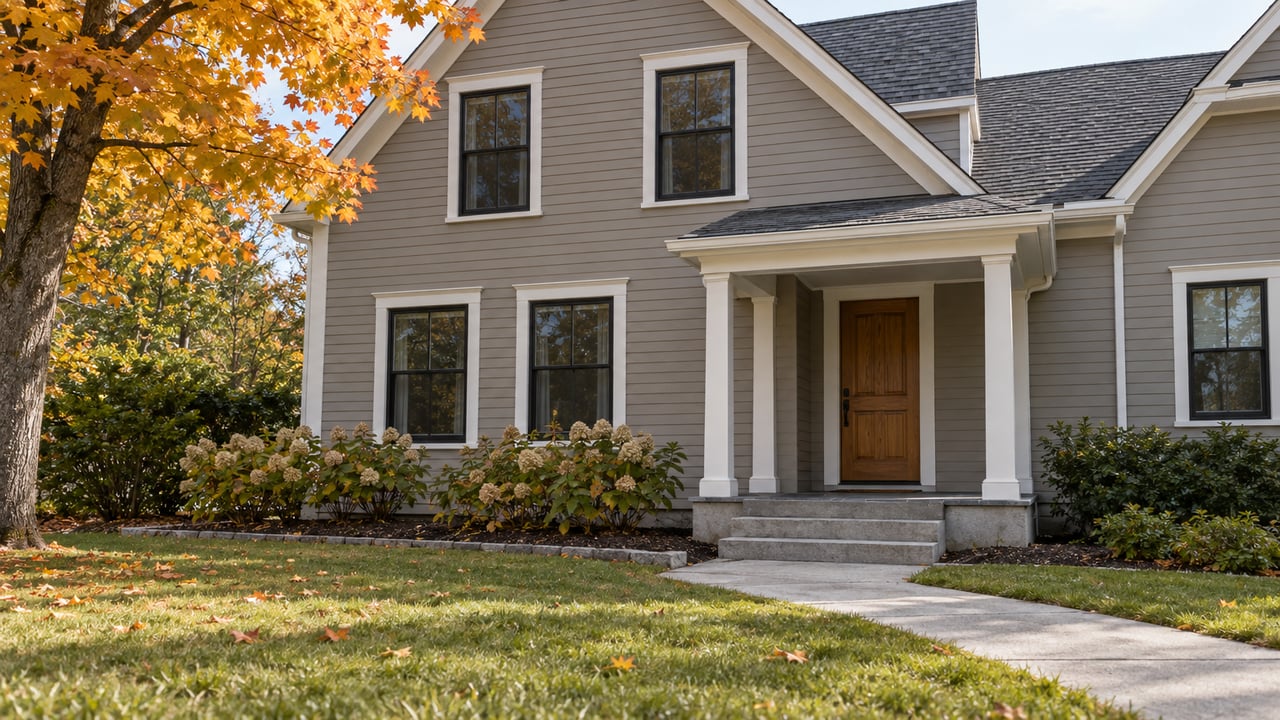 Taupe clapboard residence with a covered oak-door entry, white trim, autumn maple canopy and a deep lawn approach.