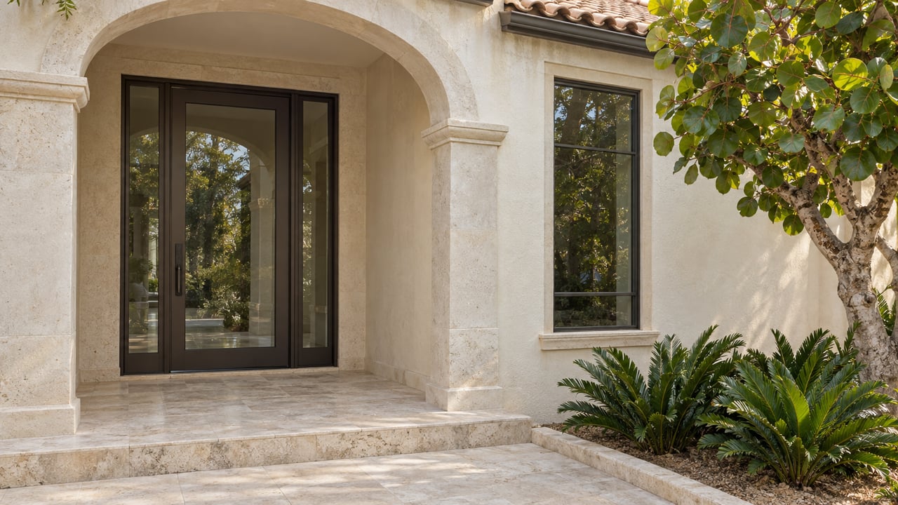 Ivory stucco arched entry with dark bronze glazing, a pale limestone step, and sea grape leaves beside a compact planted bed.