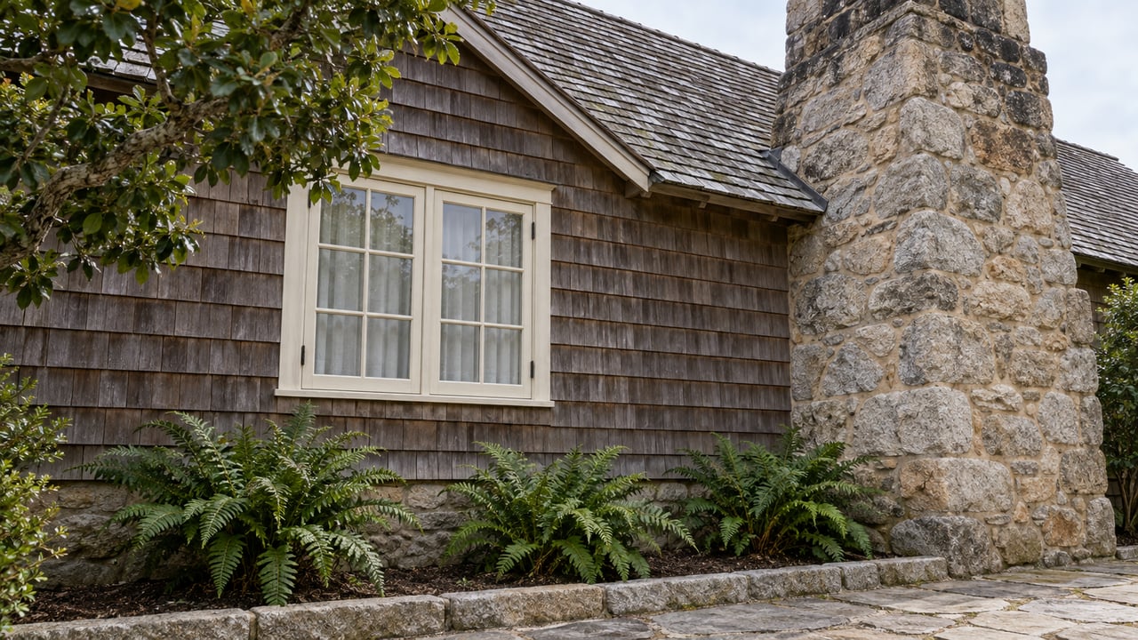 Weathered cedar cottage gable with a cream divided-light window, granite chimney and sword ferns beneath an oak branch.