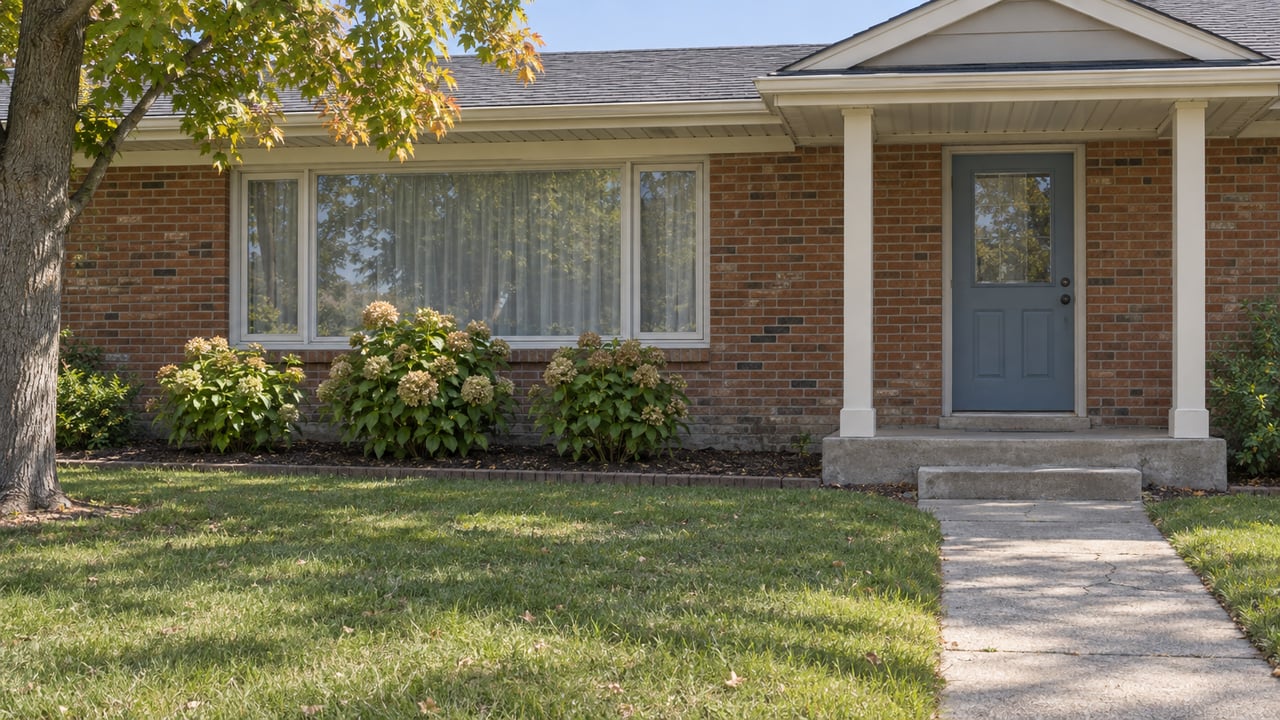 Brick ranch entrance and picture window above a deep front lawn, with fading hydrangeas and a maple at the frame edge.