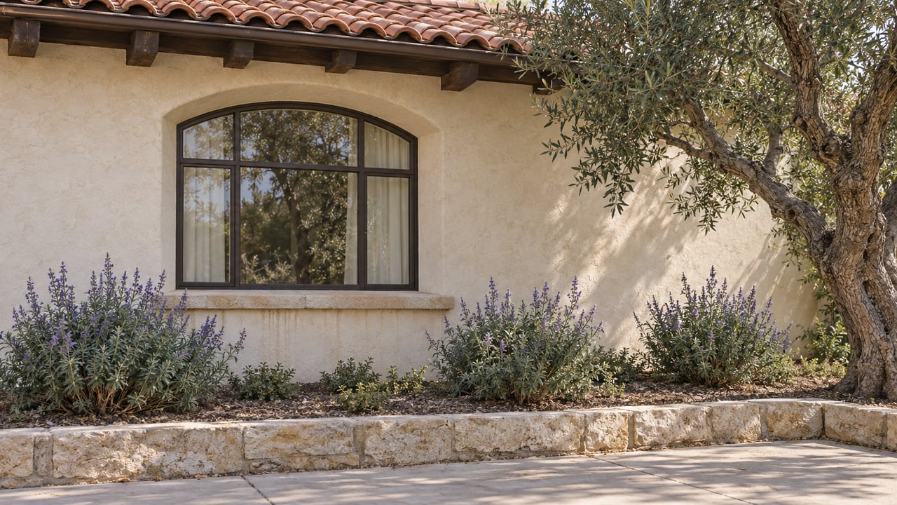 Arched bronze-framed window in textured ivory stucco beneath terracotta roof tiles, beside a mature olive and gray-green sage planting.