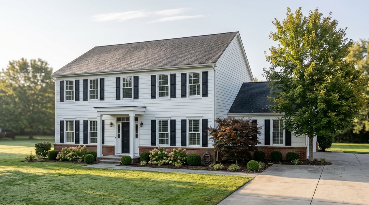 Two-story white-sided home with black shutters, brick foundation, front lawn, and a driveway beside a mature maple.