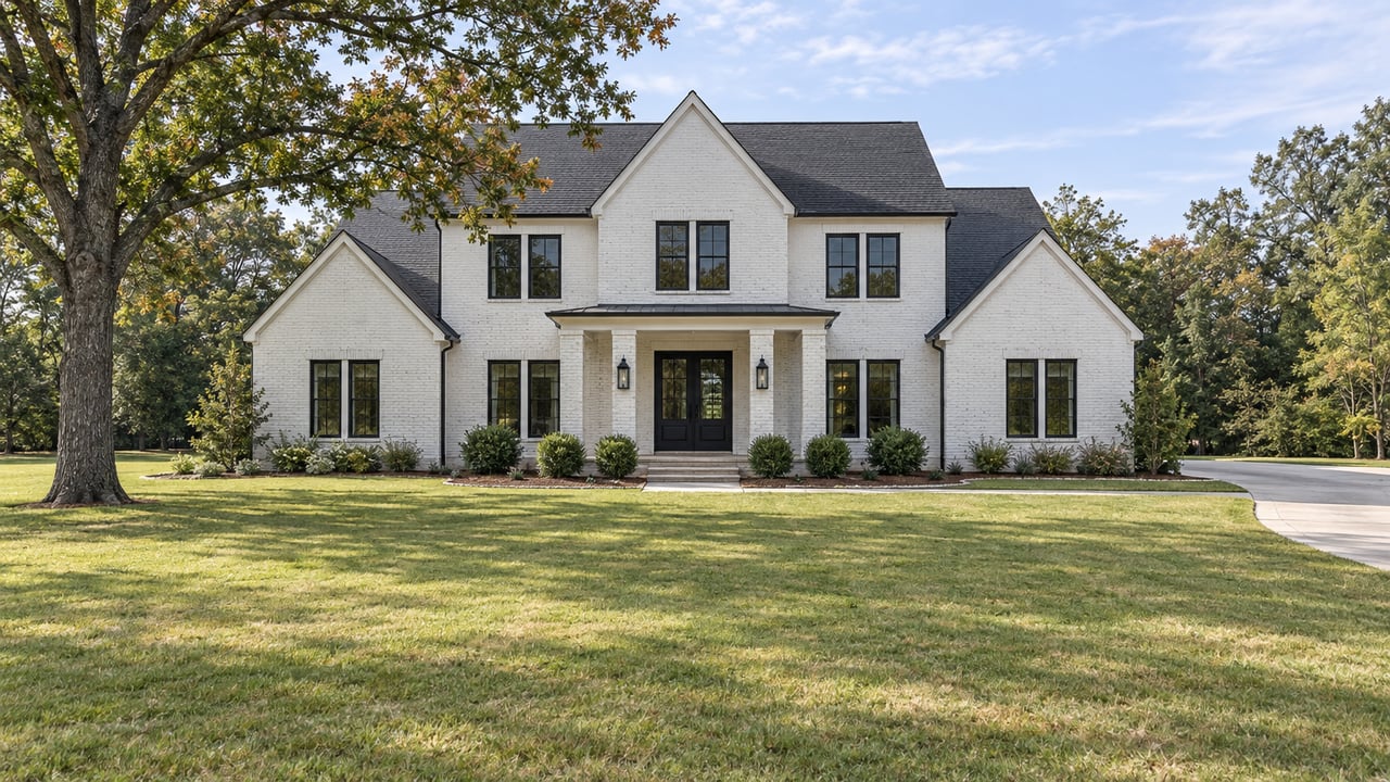 White-painted brick home with dark gabled roofs and black-framed windows beyond a deep lawn, framed by a mature white oak.
