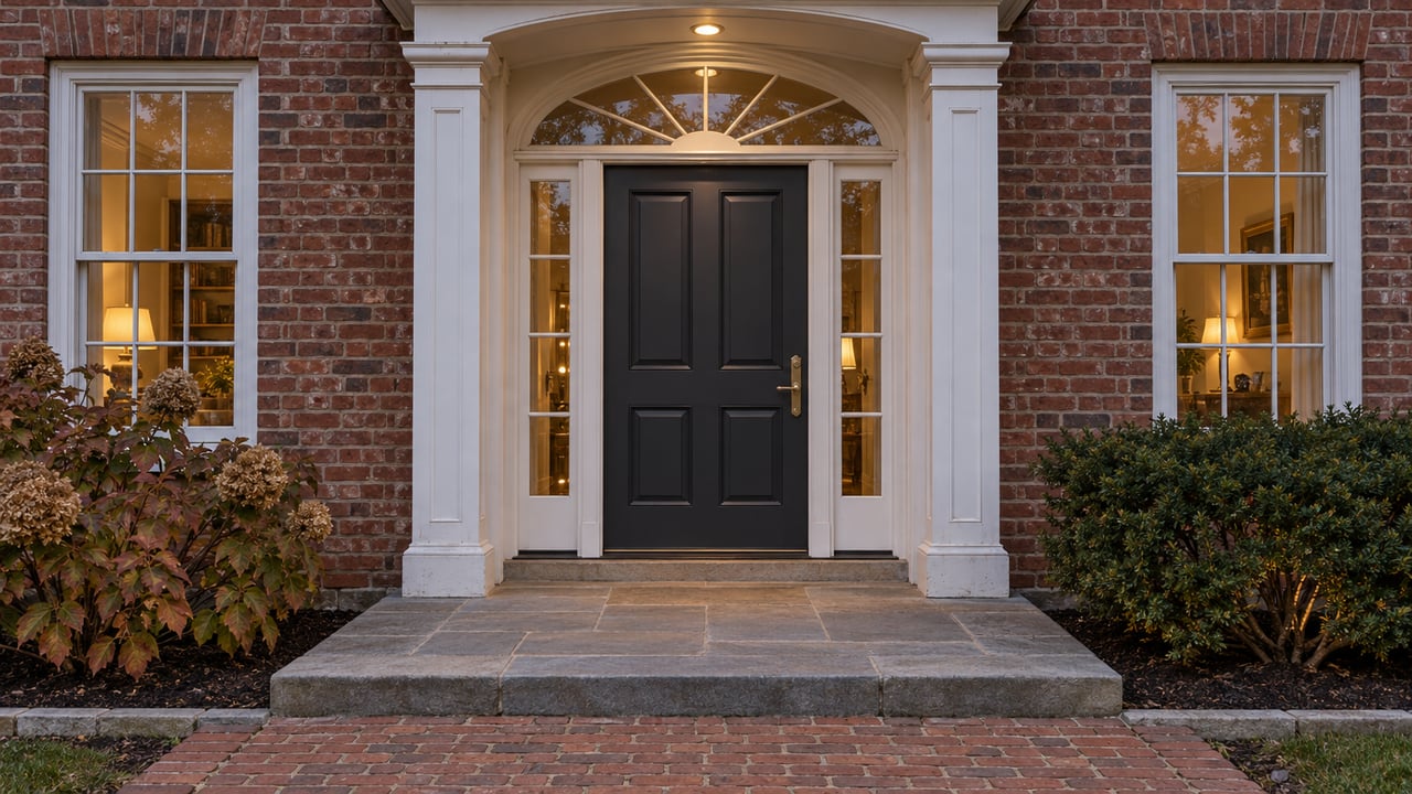 A red-brick home's white-trimmed entry at dusk, with warm windows, a limestone step and autumn oakleaf hydrangea.