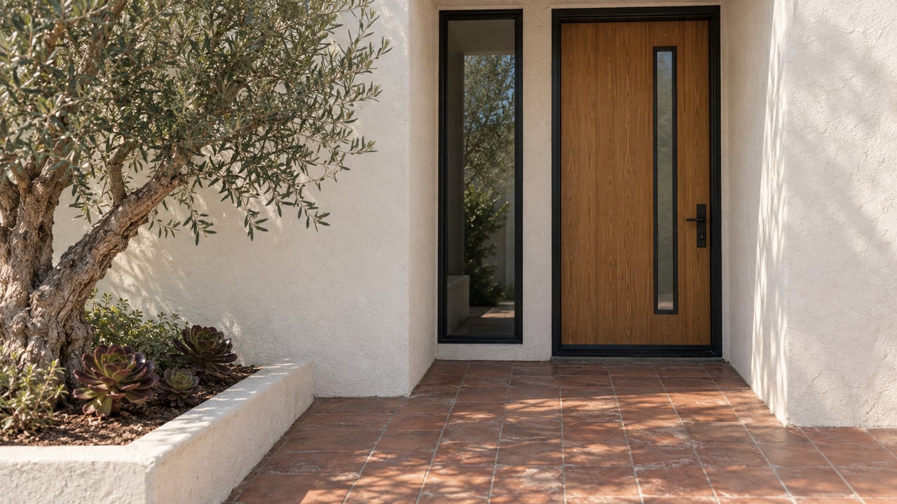 Stucco entry with an oak door, slim glass insert, black-framed window, terracotta pavers, and a pruned olive tree.