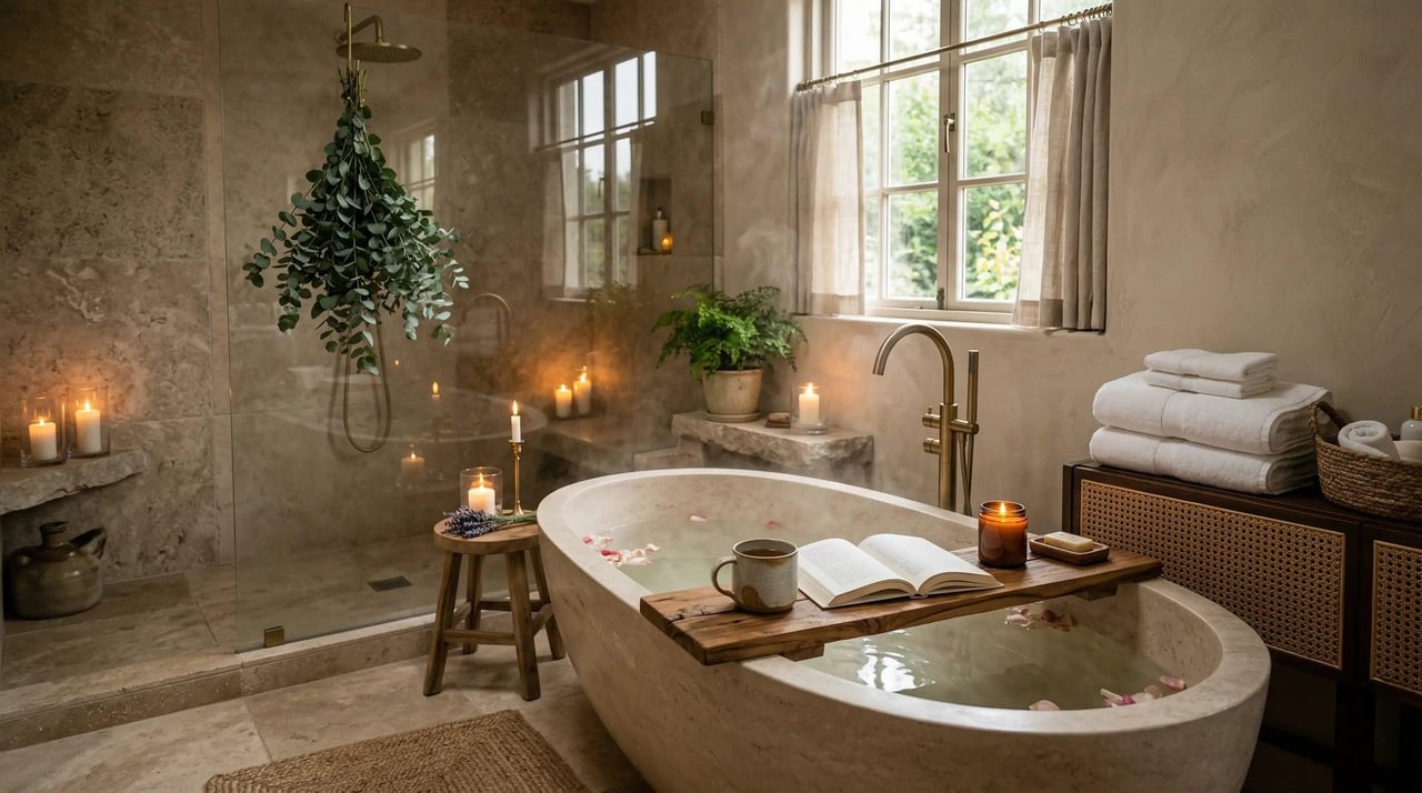 Peaceful self-care setting with candles and greenery representing relaxation and stress management.