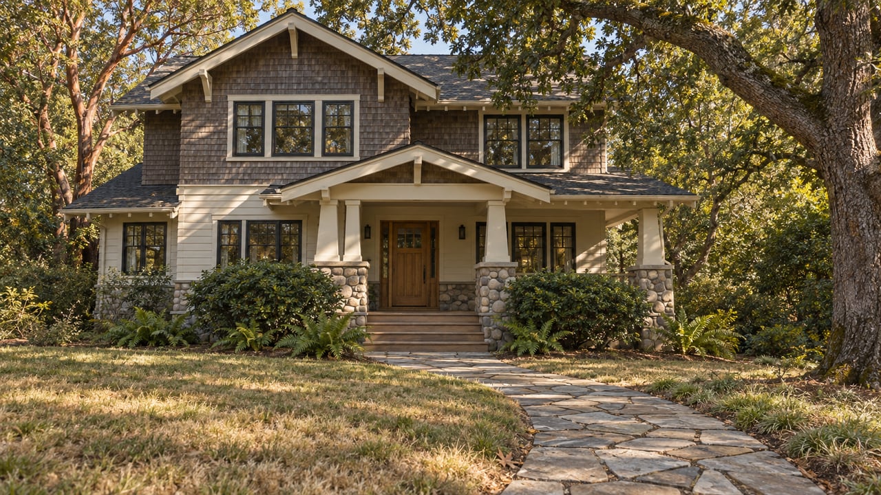 Two-story Craftsman home with a stone path, tawny lawn, and mature trees shading its porch.