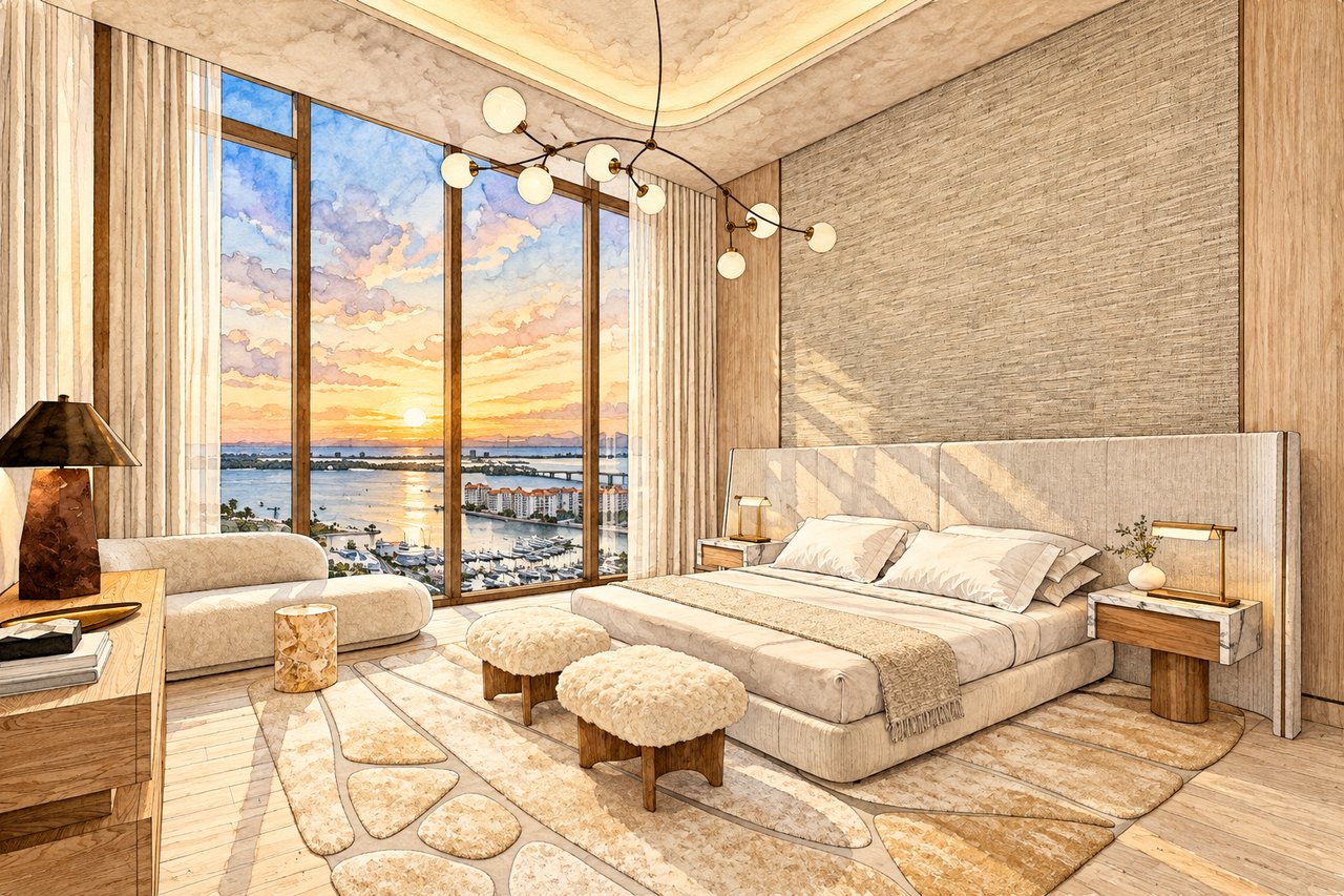 Luxury bedroom with floor-to-ceiling windows overlooking Sarasota Bay and a marina at sunset.