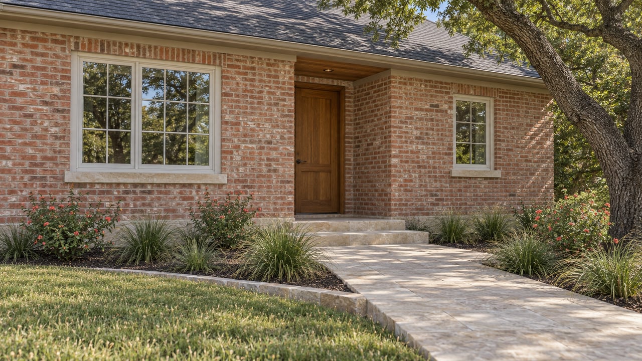 Updated brick cottage with a recessed oak front door, limestone approach, and mature live oak beside native planting.