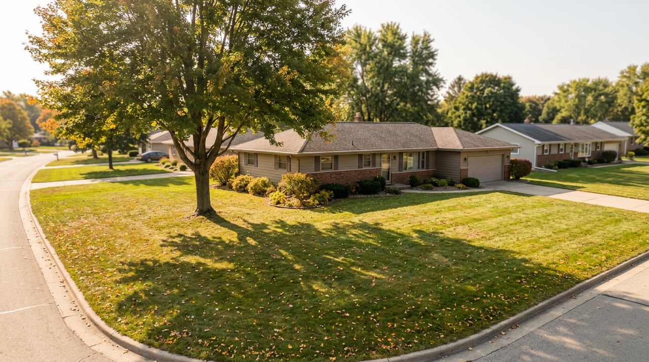 Single-story ranch home with two-car garage, broad lawn, and red maple turning amber-red.