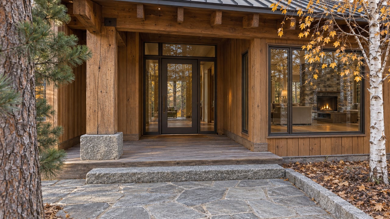 Cedar and stone lodge entry with bronze-framed glazing, a weathered timber porch, and autumn birch leaves beside a granite approach.