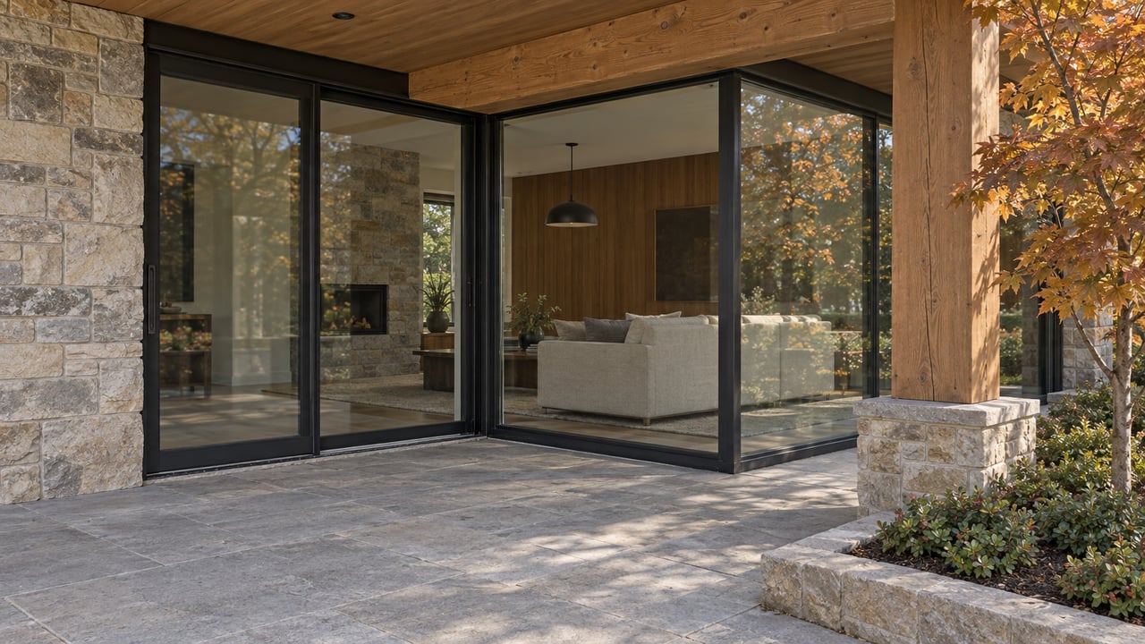 Modern home with a stone patio, timber overhang, and expansive glass doors opening onto a furnished living room.