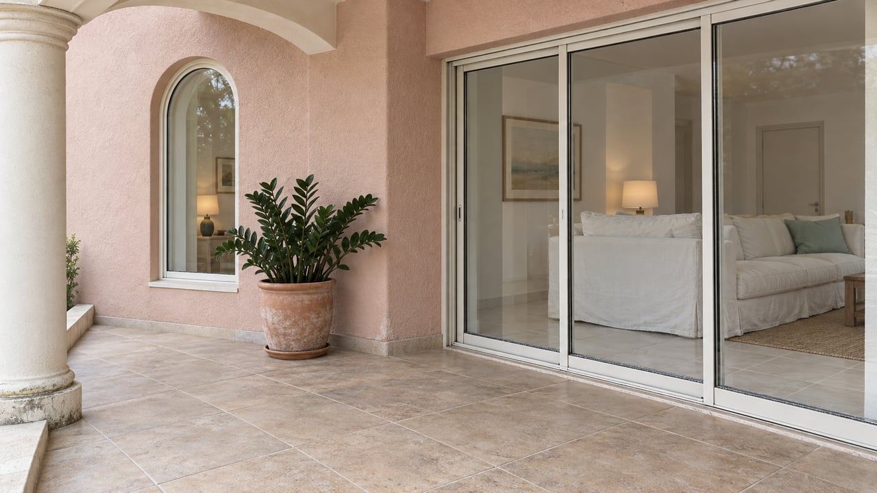 Shell-pink stucco loggia with a cream arch, closed sliding glass doors, pale tiled terrace and a terracotta pot of coontie.