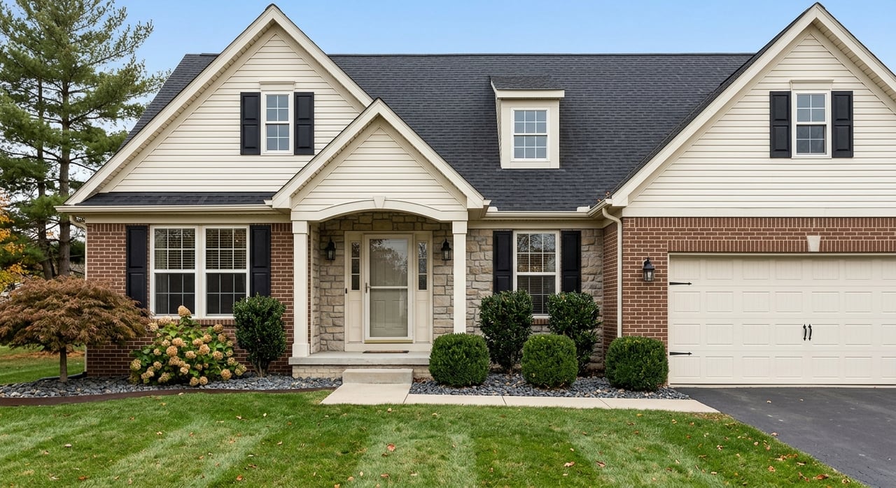 Suburban home with cream siding, brick and stone accents, black shutters, and a front lawn and driveway.