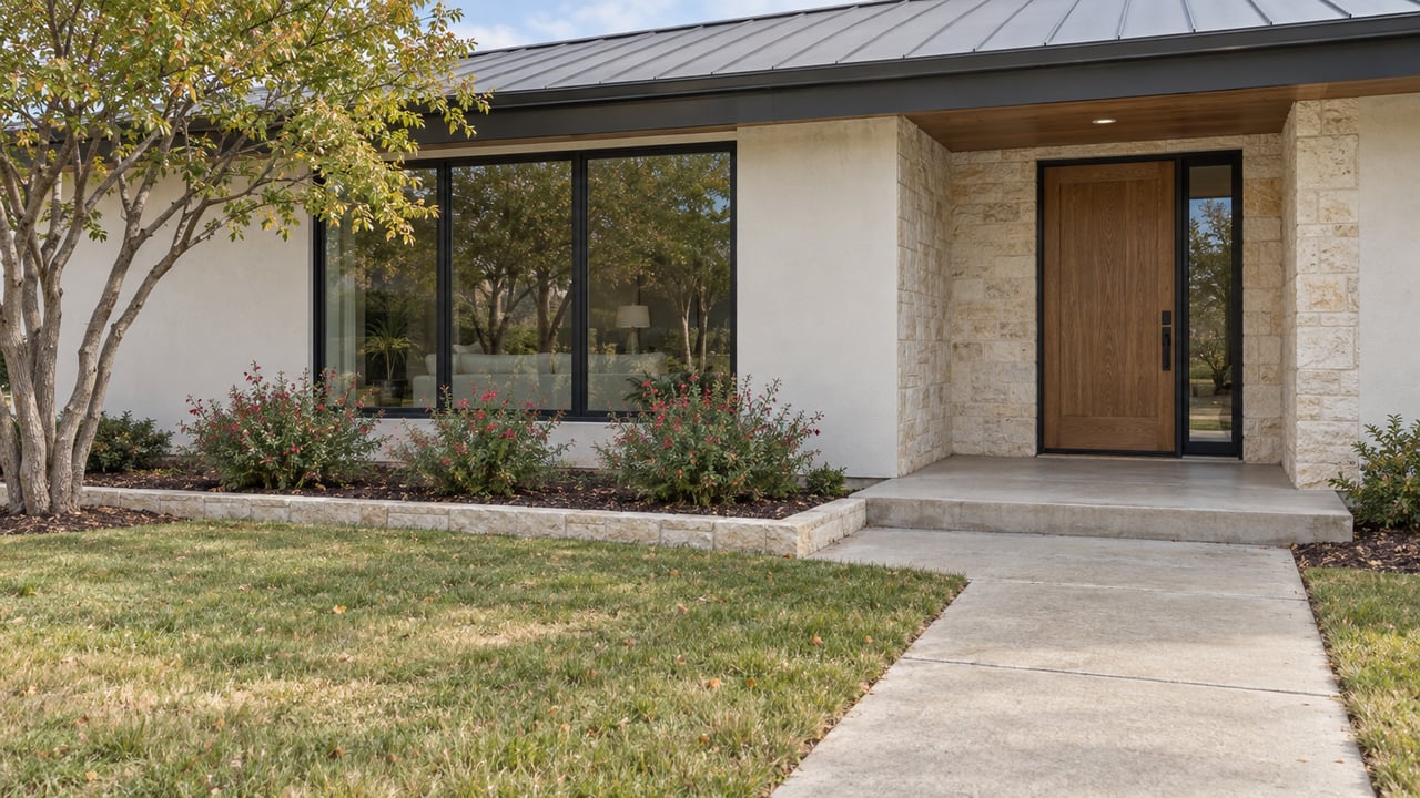 Contemporary single-story home with a limestone entry, oak door, black-framed windows and a concrete walk across a lightly autumn-toned lawn.