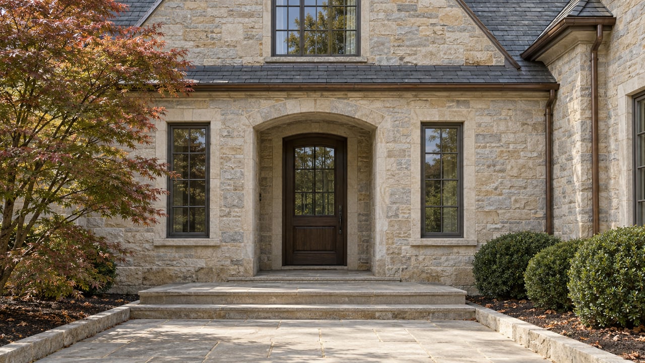 Pale limestone home entry with a dark oak door, divided-light windows, blue-gray slate gable and carefully edged planting beds.