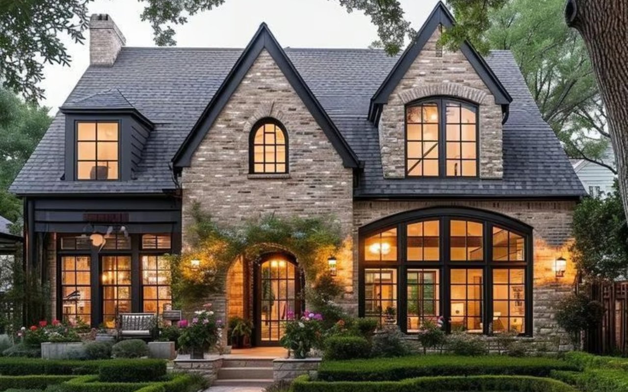 Stone house with steep gables, glowing windows, and a landscaped front garden.