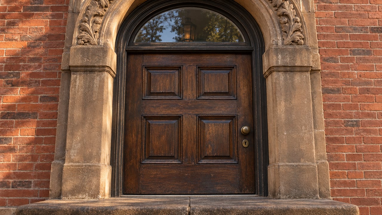 Warm side light reveals a weathered sandstone arch, red brick, and a dark paneled townhouse door.