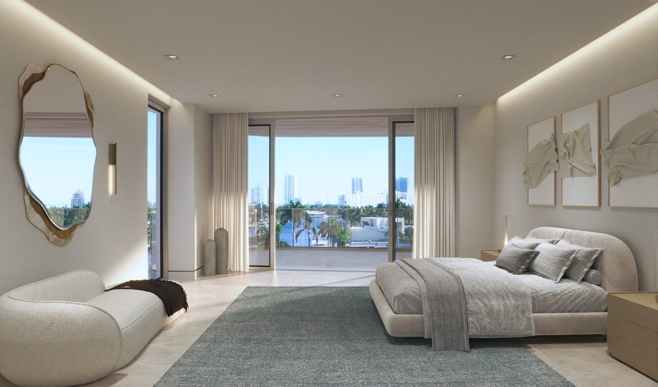 Rendering of bedroom with water views at Lumière on Hendricks Isle in Fort Lauderdale.