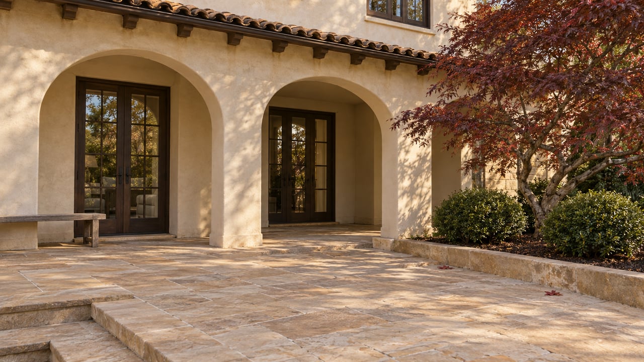 Warm afternoon light on an ivory stucco loggia, sandstone terrace, and burgundy Japanese maple beside a mature home's glazed doors.