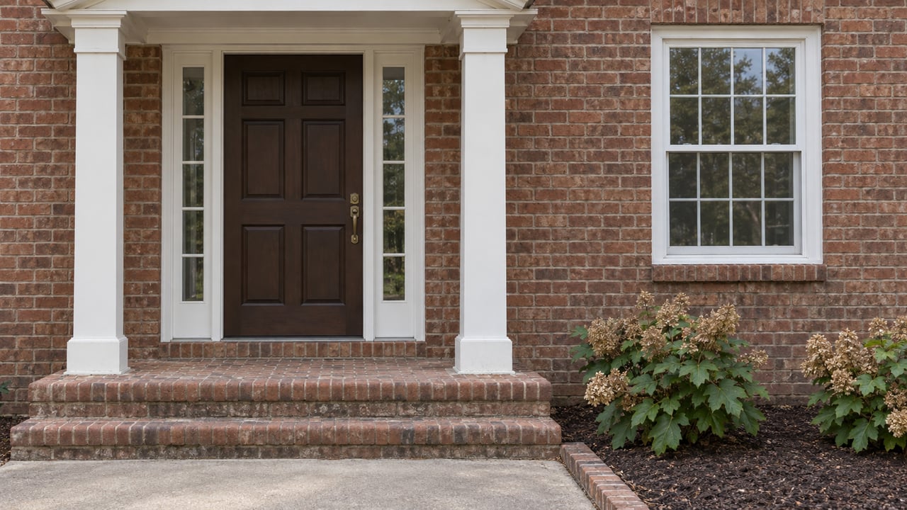 Brick home entrance with a dark wood door, white columns, and brick steps.