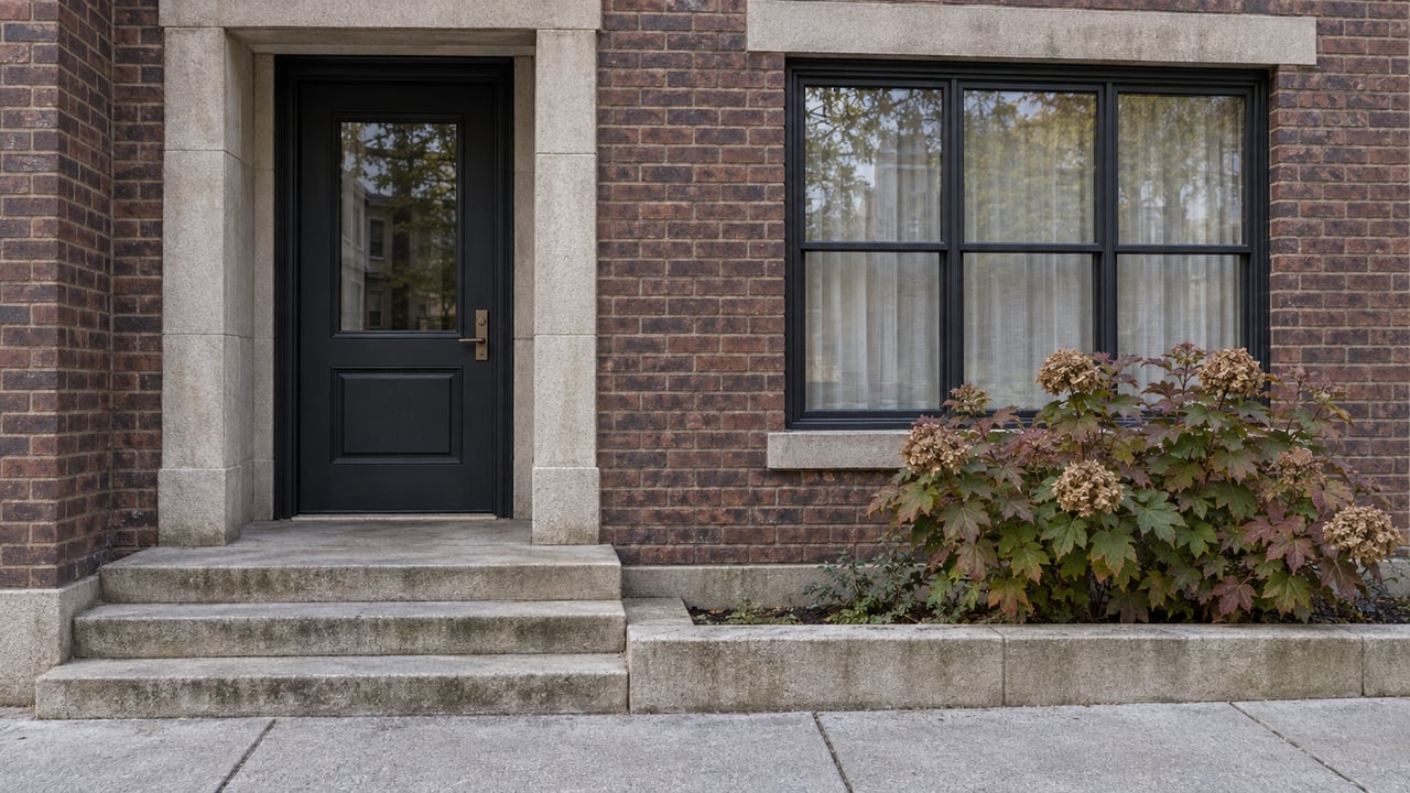Dark brick residential entrance with limestone steps, a charcoal door, black-framed window and an autumn oakleaf hydrangea.