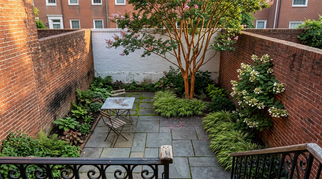 Enclosed townhouse garden with a crepe myrtle, climbing hydrangea, and an askew chair beside a bluestone patio.