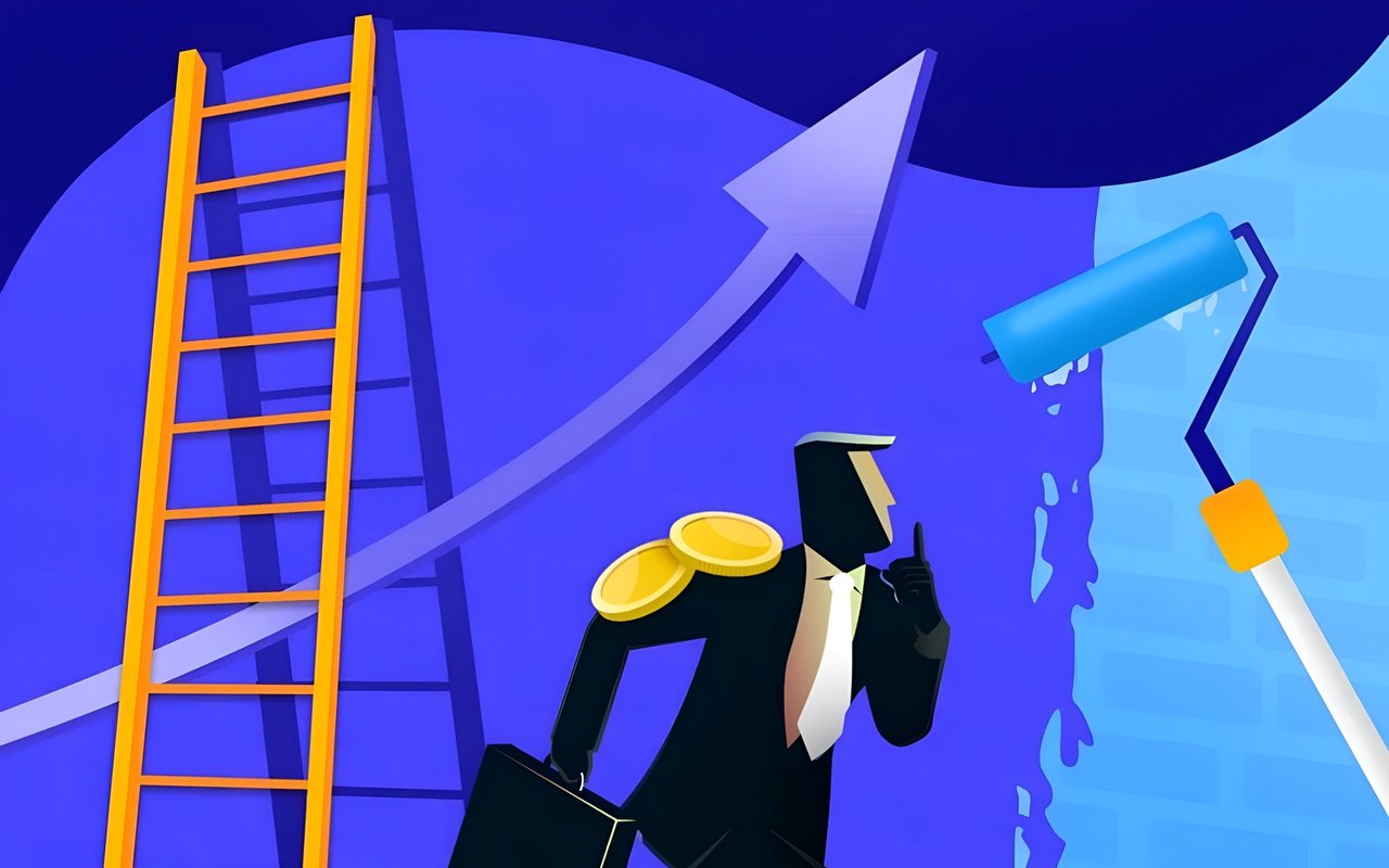 Illustration of a suited figure with coins beside a ladder, rising arrow, and paint roller.