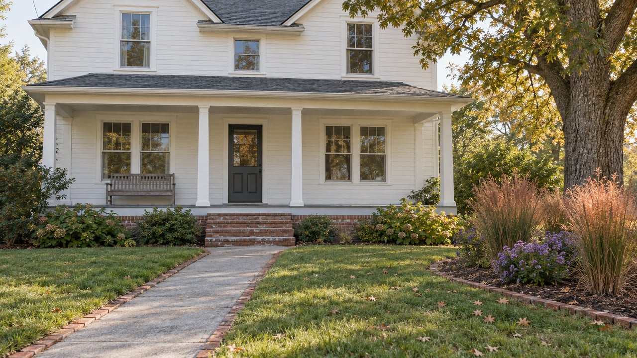 White clapboard home with a covered front porch, deep lawn, brick-edged walk and autumn grasses beneath a mature white oak.