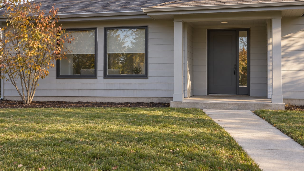 A gray single-story home with a concrete front walk, broad autumn lawn and a yellow-leaved serviceberry beside the windows.