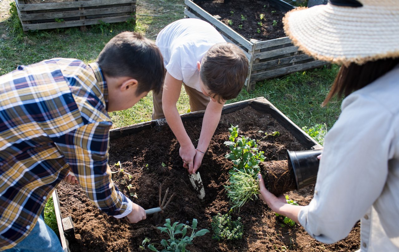 Family gardening together in a Denver backyard during spring 2026, planting and preparing outdoor garden beds 